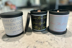 An example of our (3) scented candle subscription box featuring De-motivational/dark humor quotes. Fragrances and quotes will vary.
