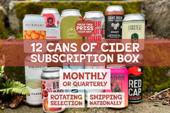 12 cans of cider arranged on a set of mossy stone steps with promotional banners for the "12 cans of cider subscription box". 