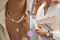 A woman is wearing The Jewel Pick box necklace and a watch from thejewelpick, which she received as a gift.