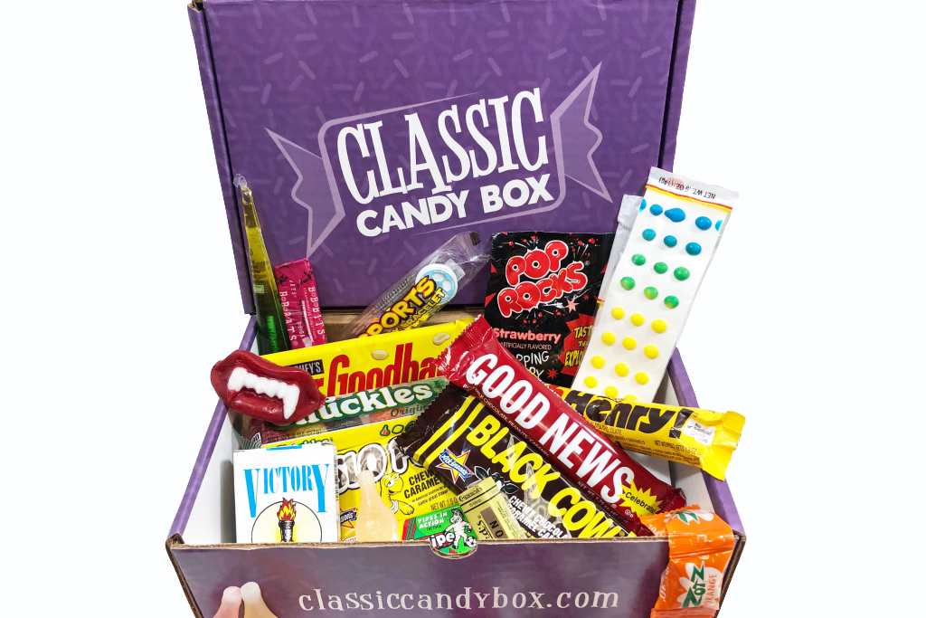 A Classic Candy subscription box filled with candy like Black Cow, Oh Henry, Goodbar, Pop Rocks and many more.