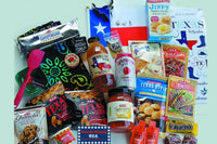 A Texas bandana, corn chips and queso, cornbread mix and honey, salsa, mexican seasonings, mexican cookies, misc drinks