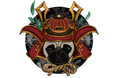 Vinny the Pug Samurai is an alter-ego graphic representation inspired by an actual photograph of Vinny.