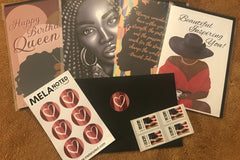 A layout with four unique note cards, sample seals, envelope and stamps on a brown furry background.