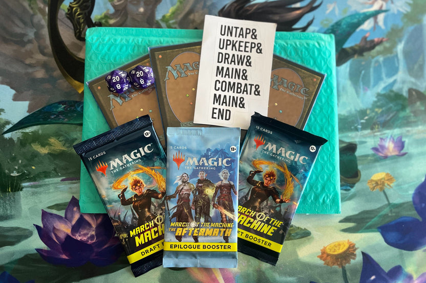 Contents of the June Magic: The Gathering subscription box against a Magic: The Gathering background.