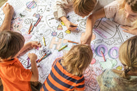 Seasonal kids coloring tablecloths; fun, themed designs delivered monthly for creative playtime all year long. Made in the USA