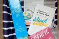 Giant Bubble set, Cooling Towel, Blue and white stripped cooler back pack, Beach Edition Road Trip Activity Book, Sticker, Newsletter