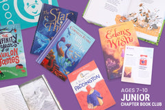 Two children reading books from Bookroo's Tween Book Club subscription on a colorful rug with additional books nearby