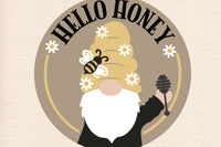 hello honey round wood sign kit with a bee, flowers, and a gnome.
