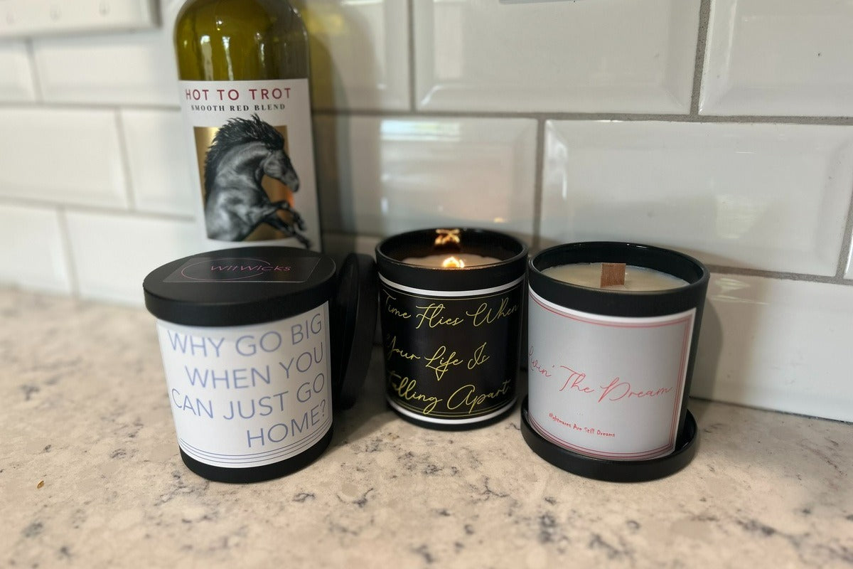 An example of our (3) scented candle subscription box featuring De-motivational/dark humor quotes. Fragrances and quotes will vary.