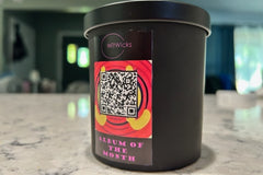 An example of our scented candles that come in our Album of the month subscription box. QR Code Included. Fragrances and quotes will vary.