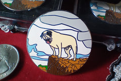 Vinny the Pug's Acrylic Trading Pin is 1-1/2 inches in size. It shows a real-world scene atop a boulder in Phoenix, Arizona.