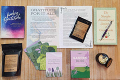 BOX CONTAINING OHM BOX ITEMS FOR THIS THEME: GRATITUDE                                                             