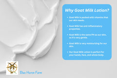 A large smear of goat milk lotion showing it's thick, rich texture. Text overlay about why goat milk is good for our skin
