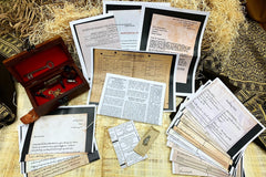 The second annual story example shows a range  of national archive documents, letters and cat statuette