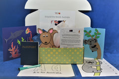 Wiggle Worms Australia kit layout. Koala craft, kangaroo craft, measuring with fish, koala puzzle, boomerang, and more.