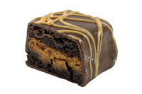 Close-up image of the Peanut Butter Brownie Bite. This is our classic brownie with a layer of peanut butter, dipped in milk chocolate.