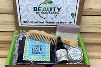 Beauty by Francesca Subscription Box with hair turban, hair conditioner, shampoo bar, lavender soap and bamboo comb.