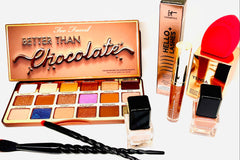 January 2023  LNG luxe monthly beauty box which includes one toofaced eyeshadow palette two mail polishes, two makeup brushes, one Becca lip
