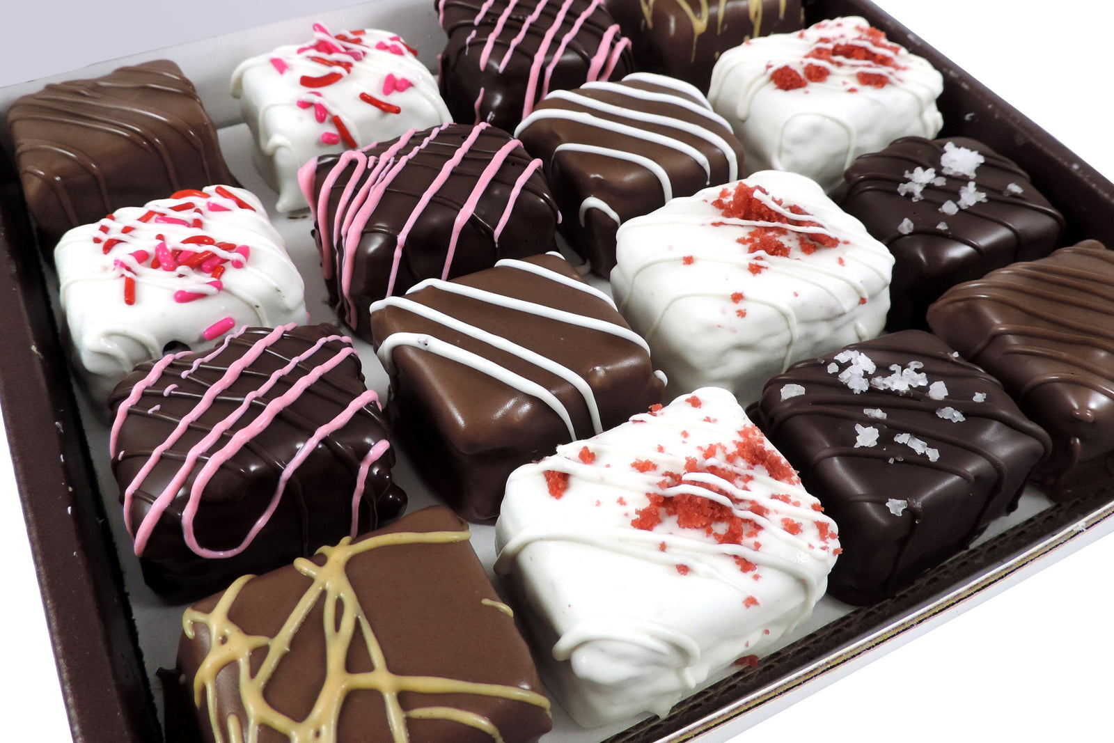 Image of a box of our Valentine's Combo including our Valentine's flavors, the Raspberry Brownie Bite, and the Red Velvet Blondie Bite.