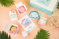 Summer Vibes Bath Bevy Subscription box with bath bombs, whipped soap scrub, rocket pop bubble bar, bubble bath jug