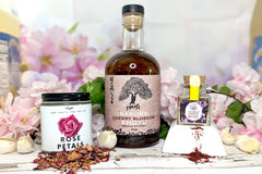 Culinarie LUXE ingredients, including: dried rose petals, cherry blossom white shoyu, and genuine Spanish saffron.