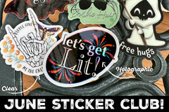 June sticker club with holographic let’s get lit and clear people give me the creeps stickers. Also had a glow in the dark free hugs sticker