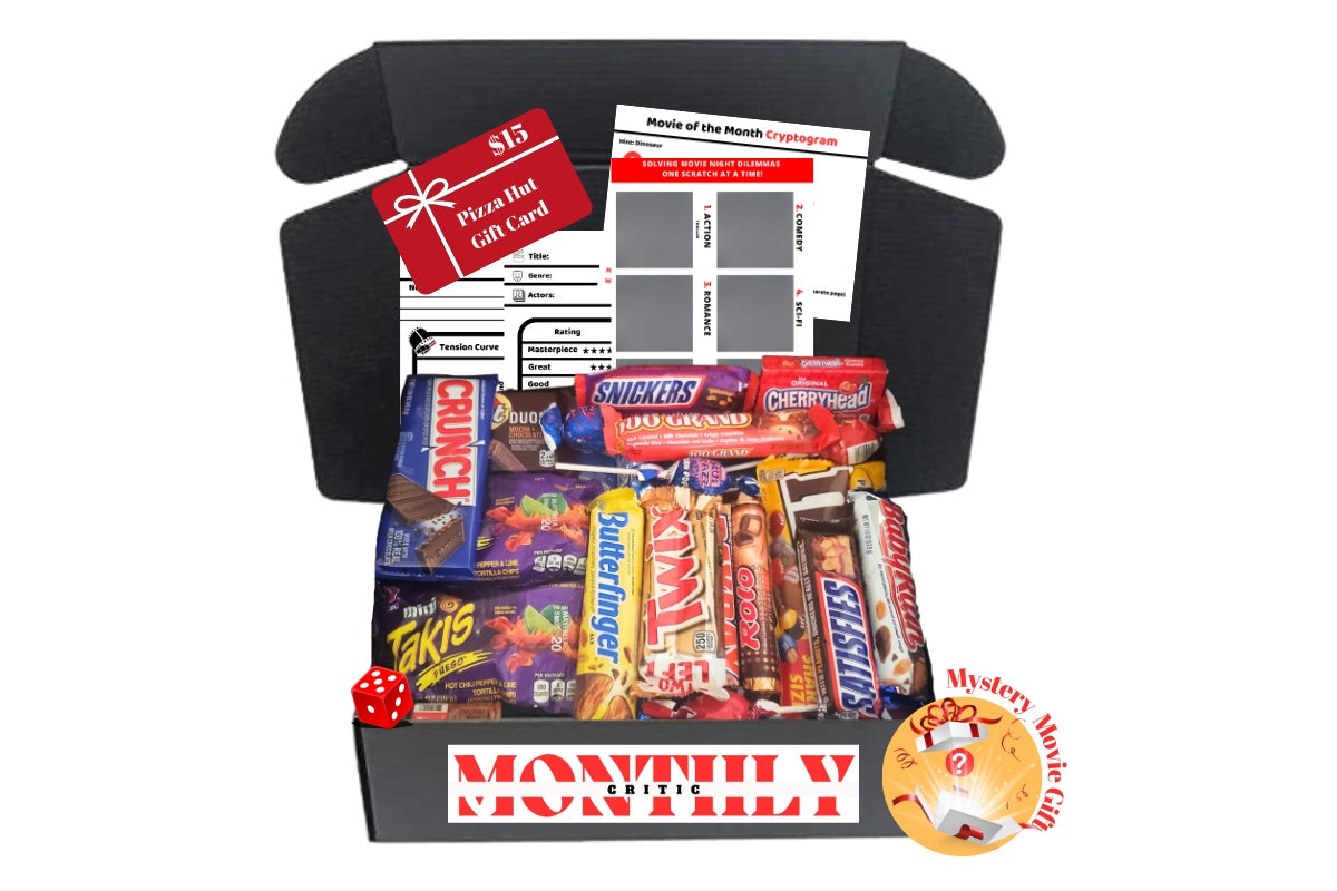 Monthly Critic subscription box filled with popcorn, candy, a $15 Pizza Hut gift card, a movie journal, and a roll-and-scratch movie card. 
