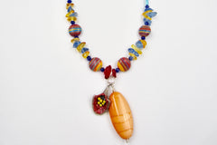 Red Calla Lily and Orange Stone Pendant Blue, Orange and Red Colourful Beaded Necklace by Lauren Jay Designs