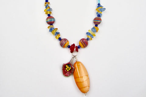 Red Calla Lily and Orange Stone Pendant Blue, Orange and Red Colourful Beaded Necklace by Lauren Jay Designs