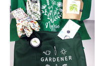 Nurse Garden Goddess box with green flower nurse shirt, basil in a bag, gardener apron, gardening gloves, plant IV, birth flower necklace