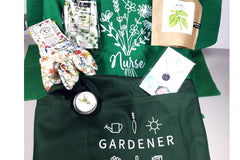 Nurse Garden Goddess box with green flower nurse shirt, basil in a bag, gardener apron, gardening gloves, plant IV, birth flower necklace