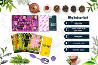 Colorful subscription box from TeaFavors featuring personalized tea blends and four premium tea packets including black and herbal teas
