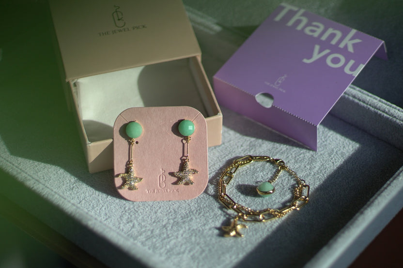 A thejewelpick gift box with The Jewel Pick jewelry and a thank you card.